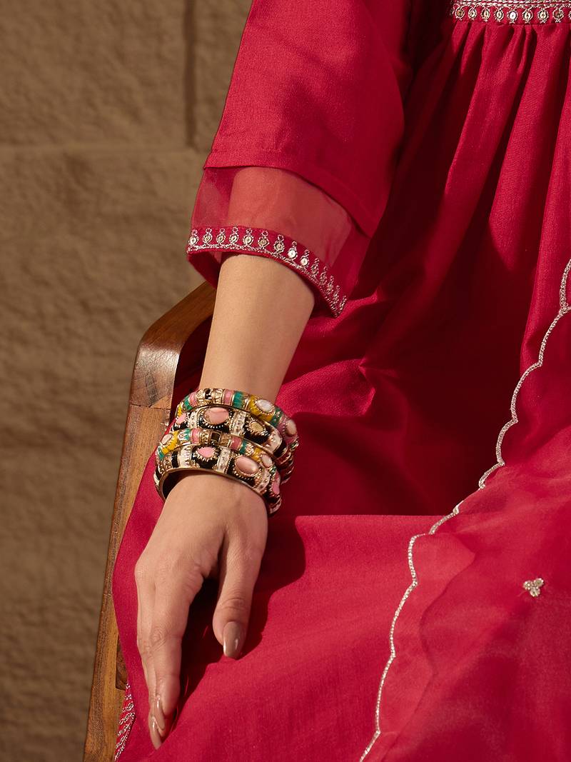 red color embroidered silk blend styles kurta trouser with dupatta