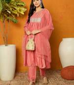 peach color embroidered silk blend styles kurta trouser with dupatta