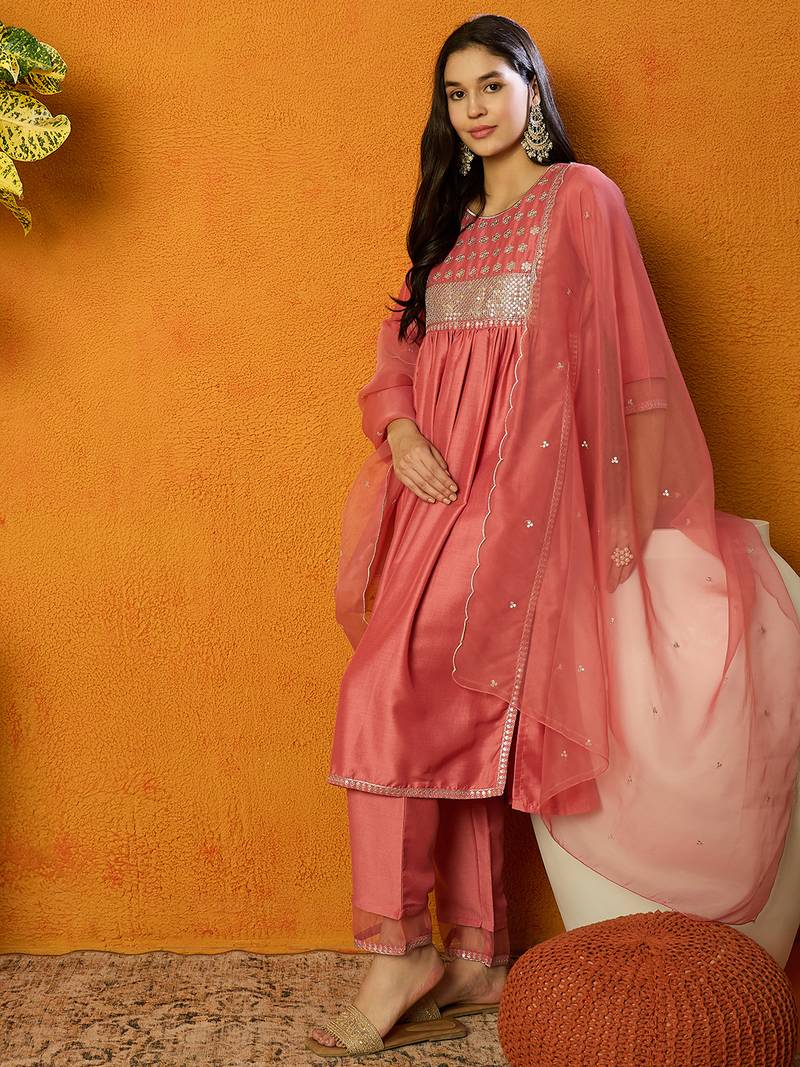 peach color embroidered silk blend styles kurta trouser with dupatta