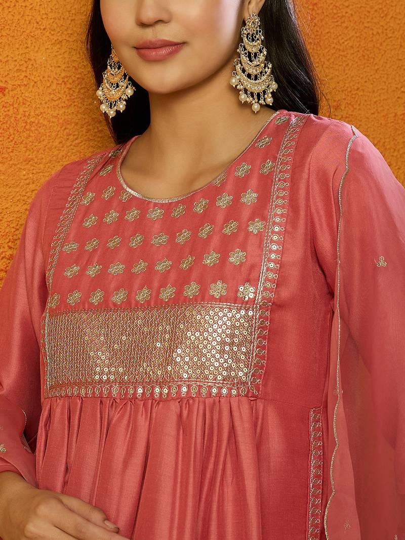 peach color embroidered silk blend styles kurta trouser with dupatta