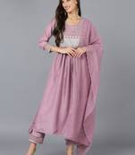 lavender color embroidered silk blend styles kurta trouser with dupatta