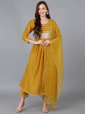 mustard color embroidered silk blend styles kurta trouser with dupatta 1