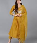 mustard color embroidered silk blend styles kurta trouser with dupatta
