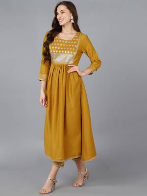 mustard color embroidered silk blend styles kurta trouser with dupatta 3