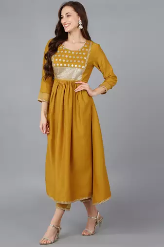 mustard color embroidered silk blend styles kurta trouser with dupatta