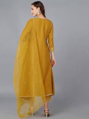 mustard color embroidered silk blend styles kurta trouser with dupatta 4