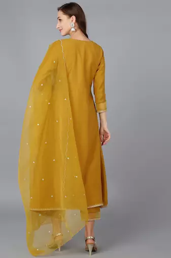 mustard color embroidered silk blend styles kurta trouser with dupatta