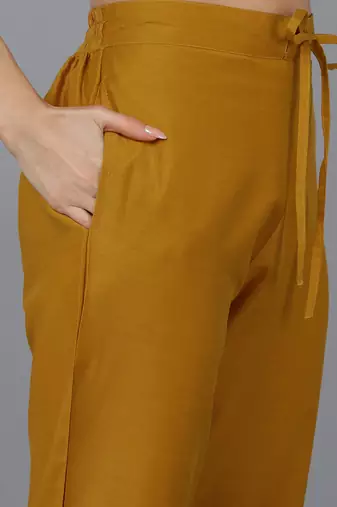 mustard color embroidered silk blend styles kurta trouser with dupatta