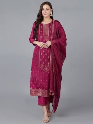 burgundy color woven design viscose rayon styles kurta trouser with dupatta 1