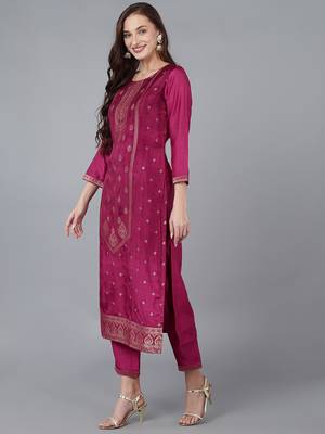 burgundy color woven design viscose rayon styles kurta trouser with dupatta 3