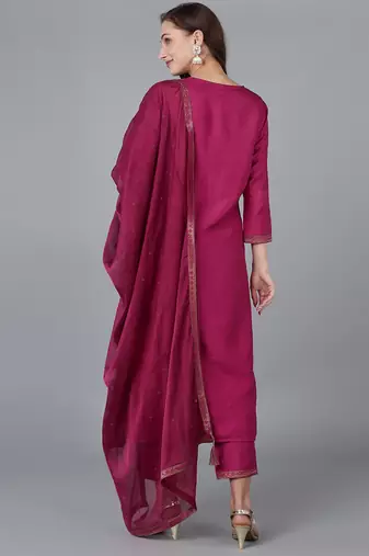 burgundy color woven design viscose rayon styles kurta trouser with dupatta