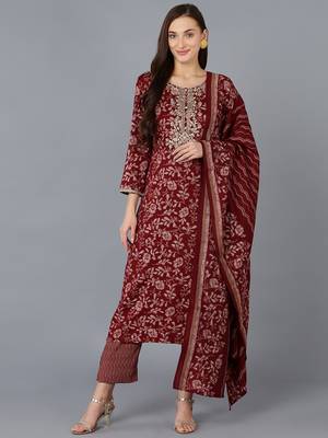 maroon color embroidered silk blend styles kurta trouser with dupatta 1