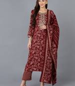 maroon color embroidered silk blend styles kurta trouser with dupatta