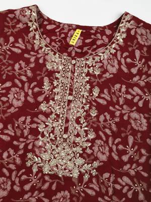 maroon color embroidered silk blend styles kurta trouser with dupatta 2