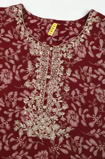 maroon color embroidered silk blend styles kurta trouser with dupatta