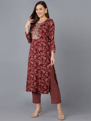 maroon color embroidered silk blend styles kurta trouser with dupatta 3