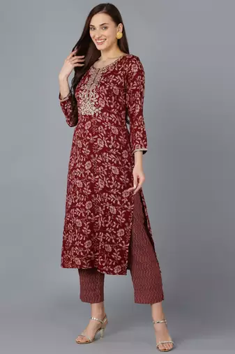 maroon color embroidered silk blend styles kurta trouser with dupatta