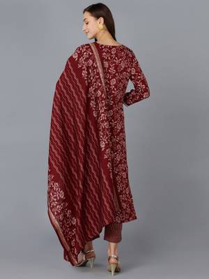 maroon color embroidered silk blend styles kurta trouser with dupatta 4