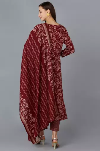 maroon color embroidered silk blend styles kurta trouser with dupatta