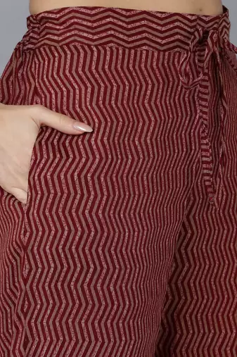maroon color embroidered silk blend styles kurta trouser with dupatta