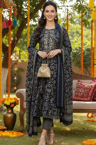 black color embroidered silk blend styles kurta trouser with dupatta
