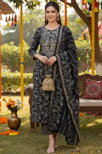 black color embroidered silk blend styles kurta trouser with dupatta