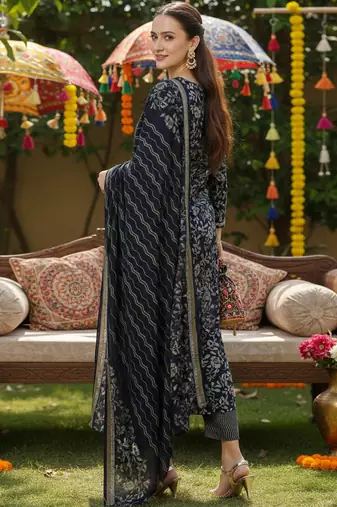 black color embroidered silk blend styles kurta trouser with dupatta