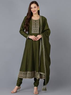 olive color embroidered silk blend styles kurta trouser with dupatta 1