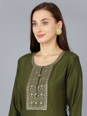 olive color embroidered silk blend styles kurta trouser with dupatta 2