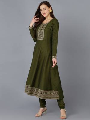olive color embroidered silk blend styles kurta trouser with dupatta 3