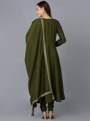 olive color embroidered silk blend styles kurta trouser with dupatta 4