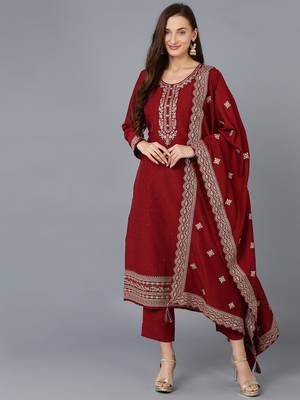 maroon color embroidered silk blend styles kurta trouser with dupatta 1