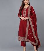maroon color embroidered silk blend styles kurta trouser with dupatta