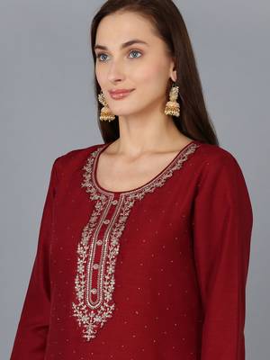 maroon color embroidered silk blend styles kurta trouser with dupatta 2