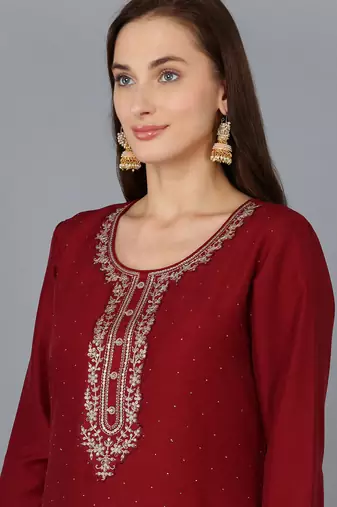 maroon color embroidered silk blend styles kurta trouser with dupatta