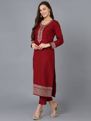 maroon color embroidered silk blend styles kurta trouser with dupatta 3