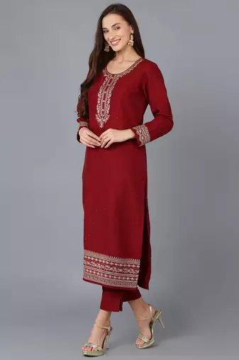 maroon color embroidered silk blend styles kurta trouser with dupatta