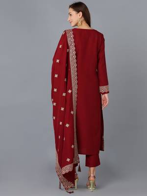maroon color embroidered silk blend styles kurta trouser with dupatta 4