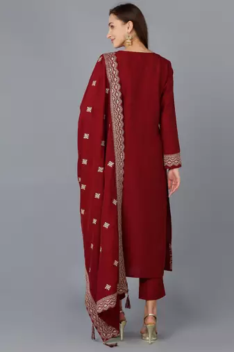 maroon color embroidered silk blend styles kurta trouser with dupatta
