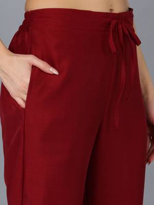 maroon color embroidered silk blend styles kurta trouser with dupatta 5