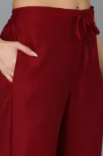maroon color embroidered silk blend styles kurta trouser with dupatta