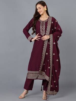 burgundy color embroidered silk blend styles kurta trouser with dupatta 1