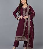 burgundy color embroidered silk blend styles kurta trouser with dupatta