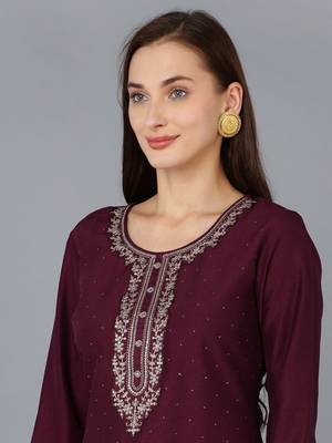 burgundy color embroidered silk blend styles kurta trouser with dupatta 2