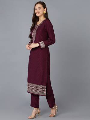 burgundy color embroidered silk blend styles kurta trouser with dupatta 3