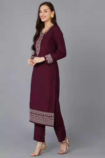 burgundy color embroidered silk blend styles kurta trouser with dupatta