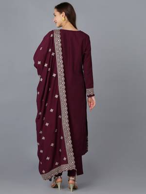 burgundy color embroidered silk blend styles kurta trouser with dupatta 4