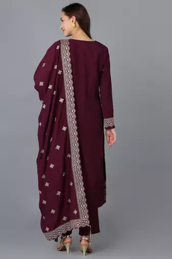 burgundy color embroidered silk blend styles kurta trouser with dupatta