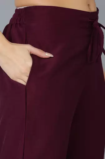 burgundy color embroidered silk blend styles kurta trouser with dupatta