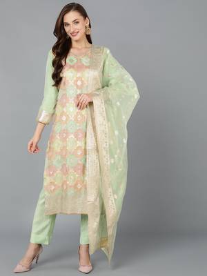 lime green color woven design poly chanderi styles kurta trouser with dupatta 1